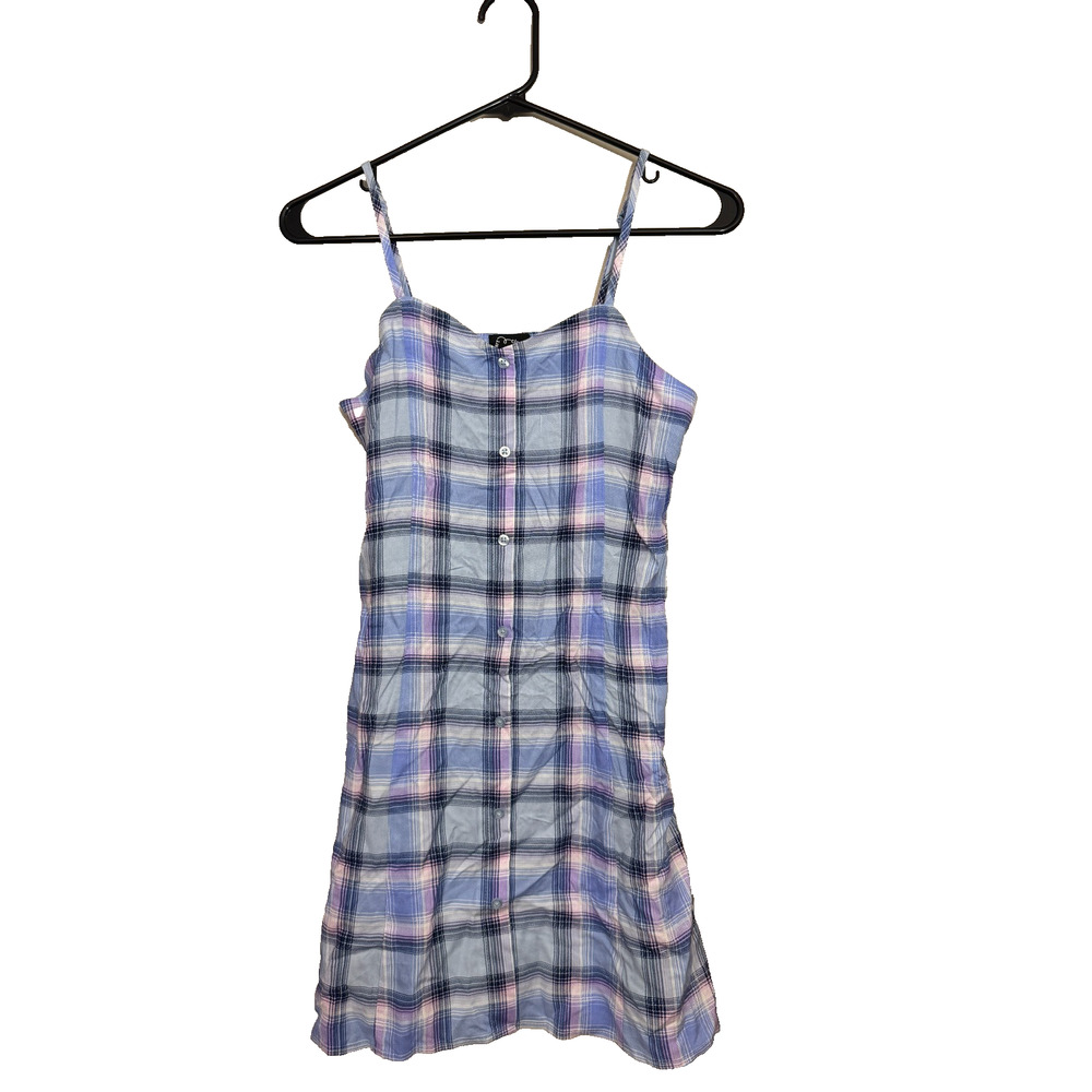 Art Class Girls Plaid Dress XL (14) Blue Purple Button Front Spaghetti Strap